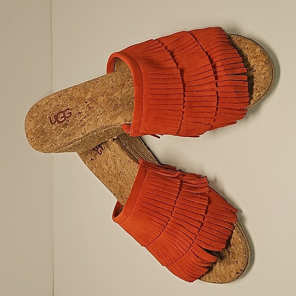 UGG Kendra Wedge Sandals Slides Espadrilles  Suede Leather Fringe Cork Orange 7 - Picture 13 of 16